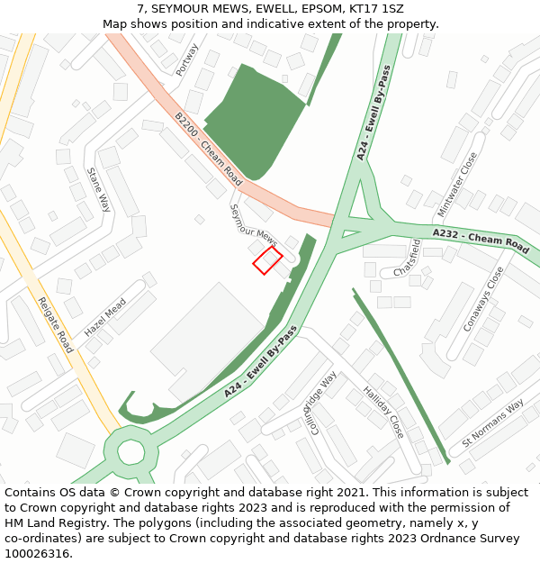 7, SEYMOUR MEWS, EWELL, EPSOM, KT17 1SZ: Location map and indicative extent of plot