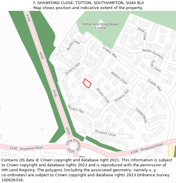 7, SHAWFORD CLOSE, TOTTON, SOUTHAMPTON, SO40 8LA: Location map and indicative extent of plot