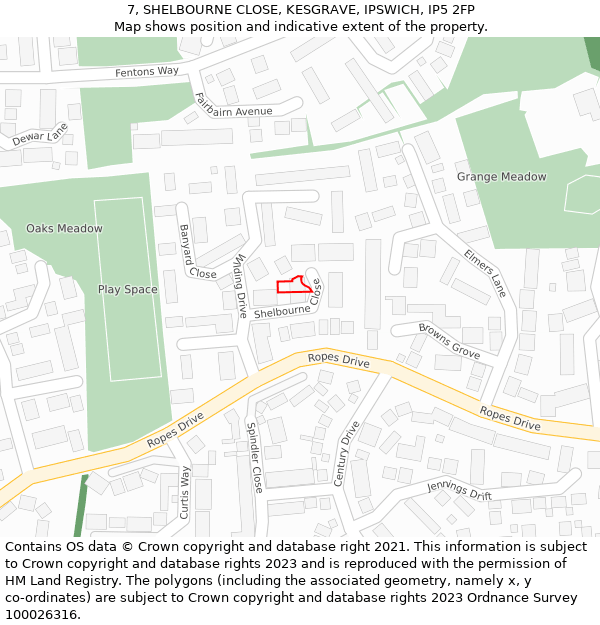 7, SHELBOURNE CLOSE, KESGRAVE, IPSWICH, IP5 2FP: Location map and indicative extent of plot