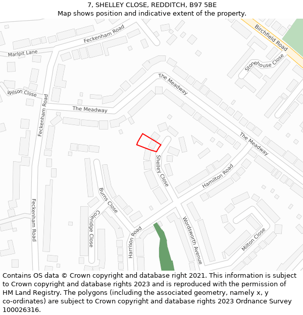 7, SHELLEY CLOSE, REDDITCH, B97 5BE: Location map and indicative extent of plot