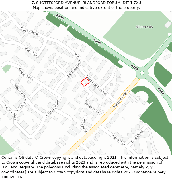 7, SHOTTESFORD AVENUE, BLANDFORD FORUM, DT11 7XU: Location map and indicative extent of plot