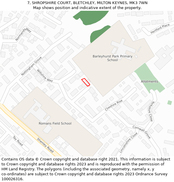 7, SHROPSHIRE COURT, BLETCHLEY, MILTON KEYNES, MK3 7WN: Location map and indicative extent of plot