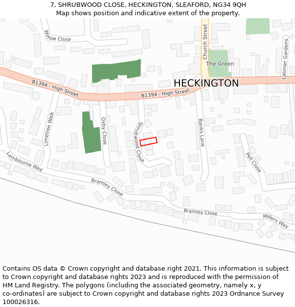 7, SHRUBWOOD CLOSE, HECKINGTON, SLEAFORD, NG34 9QH: Location map and indicative extent of plot