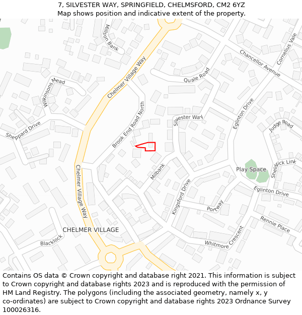 7, SILVESTER WAY, SPRINGFIELD, CHELMSFORD, CM2 6YZ: Location map and indicative extent of plot