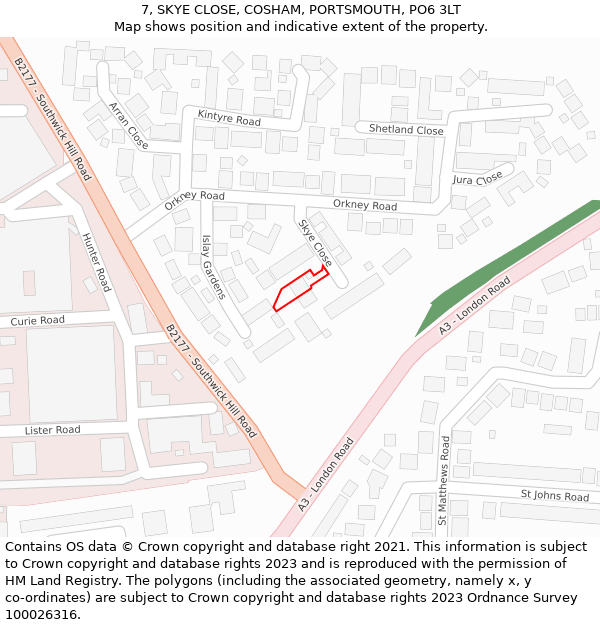 7, SKYE CLOSE, COSHAM, PORTSMOUTH, PO6 3LT: Location map and indicative extent of plot