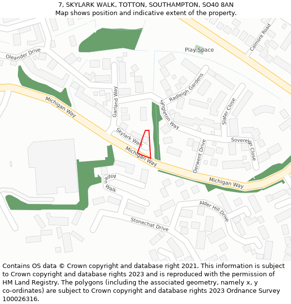 7, SKYLARK WALK, TOTTON, SOUTHAMPTON, SO40 8AN: Location map and indicative extent of plot