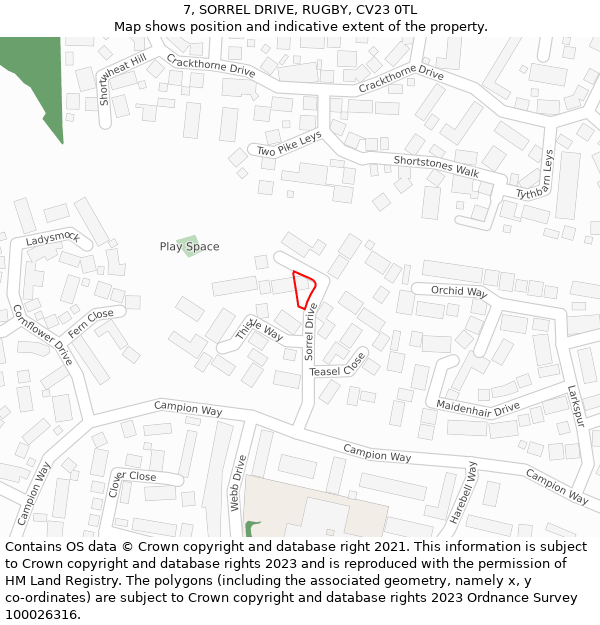 7, SORREL DRIVE, RUGBY, CV23 0TL: Location map and indicative extent of plot