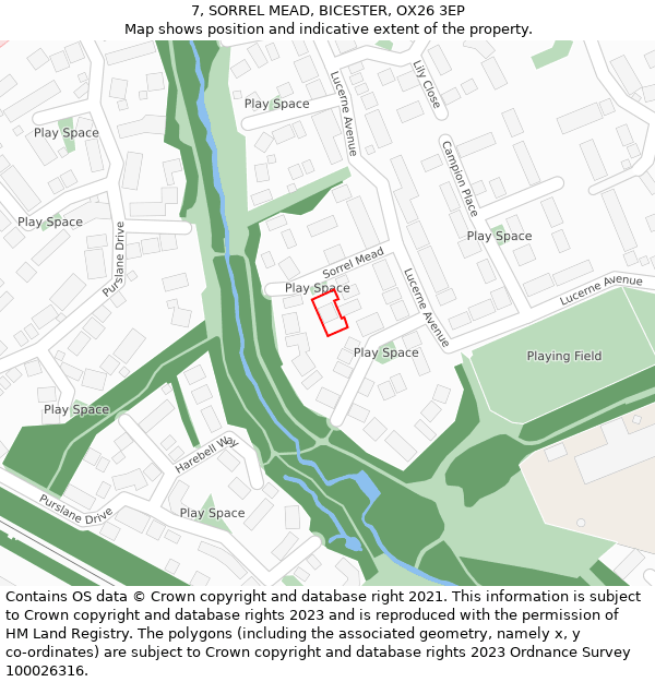 7, SORREL MEAD, BICESTER, OX26 3EP: Location map and indicative extent of plot