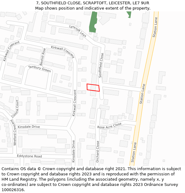 7, SOUTHFIELD CLOSE, SCRAPTOFT, LEICESTER, LE7 9UR: Location map and indicative extent of plot