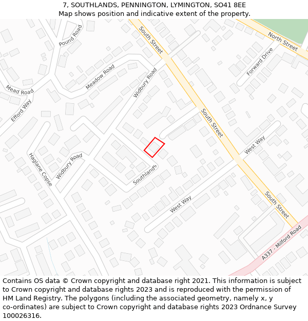 7, SOUTHLANDS, PENNINGTON, LYMINGTON, SO41 8EE: Location map and indicative extent of plot