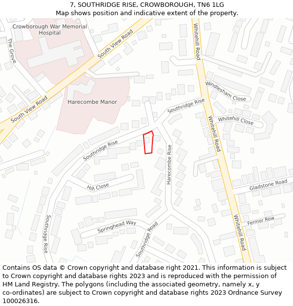 7, SOUTHRIDGE RISE, CROWBOROUGH, TN6 1LG: Location map and indicative extent of plot