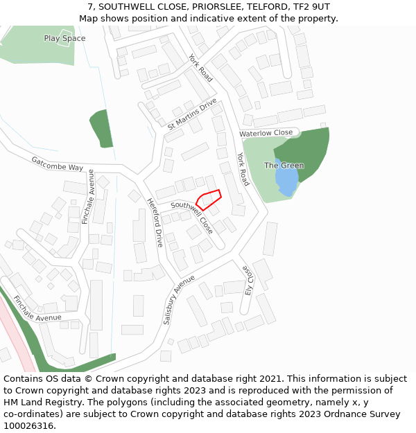 7, SOUTHWELL CLOSE, PRIORSLEE, TELFORD, TF2 9UT: Location map and indicative extent of plot