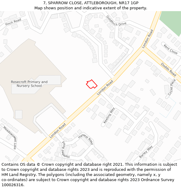 7, SPARROW CLOSE, ATTLEBOROUGH, NR17 1GP: Location map and indicative extent of plot