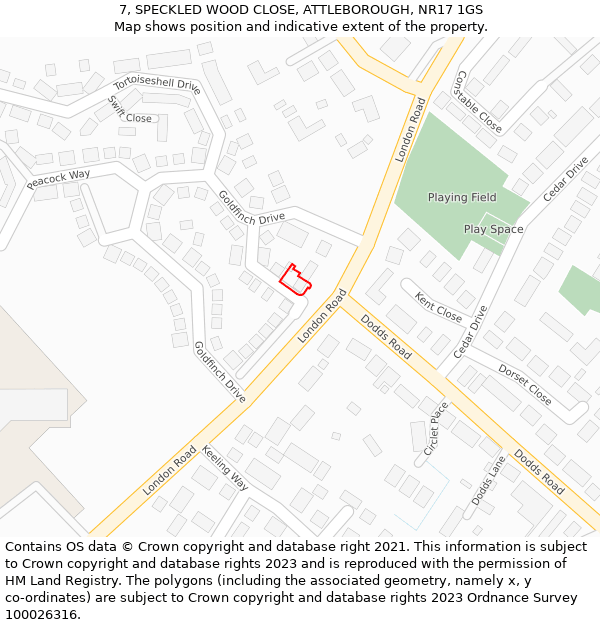 7, SPECKLED WOOD CLOSE, ATTLEBOROUGH, NR17 1GS: Location map and indicative extent of plot