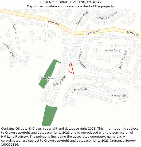 7, SPENCER DRIVE, TIVERTON, EX16 4PY: Location map and indicative extent of plot