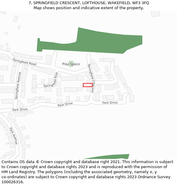 7, SPRINGFIELD CRESCENT, LOFTHOUSE, WAKEFIELD, WF3 3FQ: Location map and indicative extent of plot