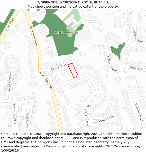 7, SPRINGFIELD CRESCENT, POOLE, BH14 0LL: Location map and indicative extent of plot