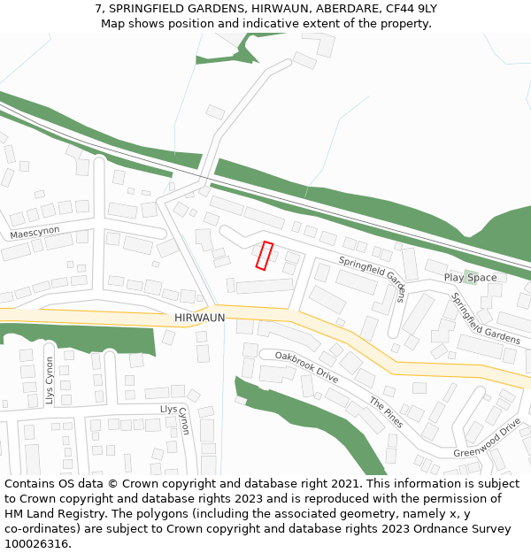 7, SPRINGFIELD GARDENS, HIRWAUN, ABERDARE, CF44 9LY: Location map and indicative extent of plot