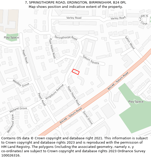 7, SPRINGTHORPE ROAD, ERDINGTON, BIRMINGHAM, B24 0PL: Location map and indicative extent of plot