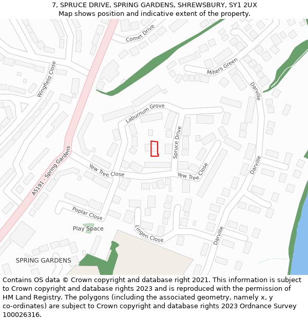 7, SPRUCE DRIVE, SPRING GARDENS, SHREWSBURY, SY1 2UX: Location map and indicative extent of plot