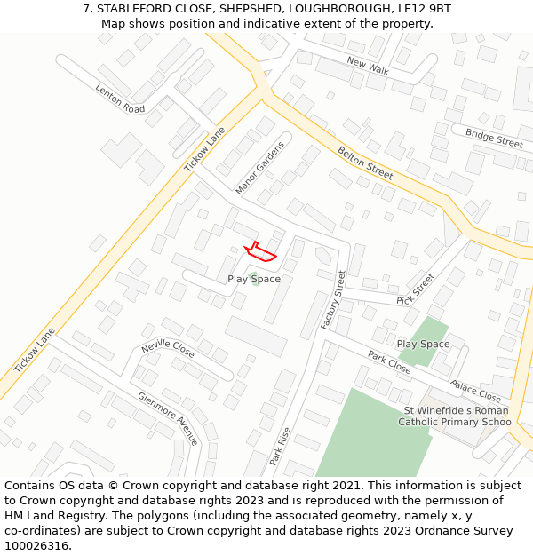 7, STABLEFORD CLOSE, SHEPSHED, LOUGHBOROUGH, LE12 9BT: Location map and indicative extent of plot