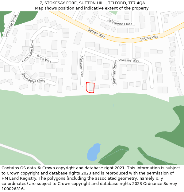 7, STOKESAY FORE, SUTTON HILL, TELFORD, TF7 4QA: Location map and indicative extent of plot