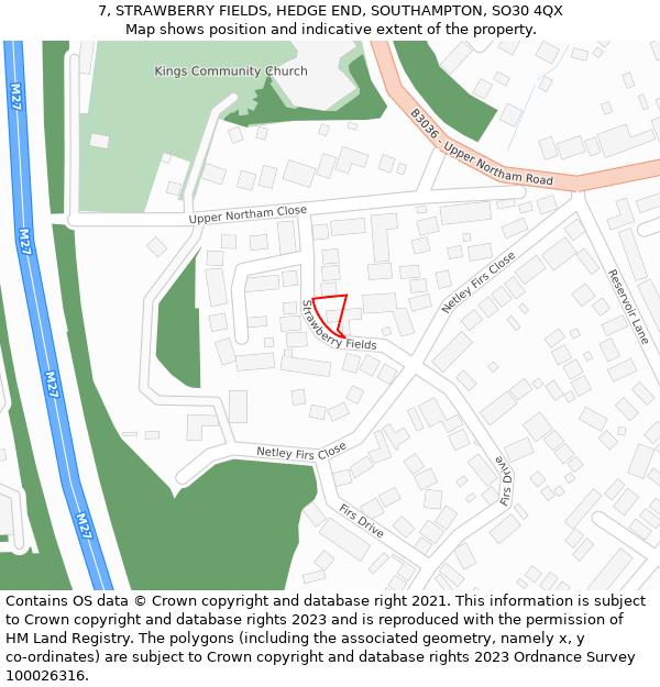 7, STRAWBERRY FIELDS, HEDGE END, SOUTHAMPTON, SO30 4QX: Location map and indicative extent of plot