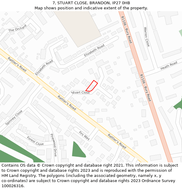 7, STUART CLOSE, BRANDON, IP27 0HB: Location map and indicative extent of plot