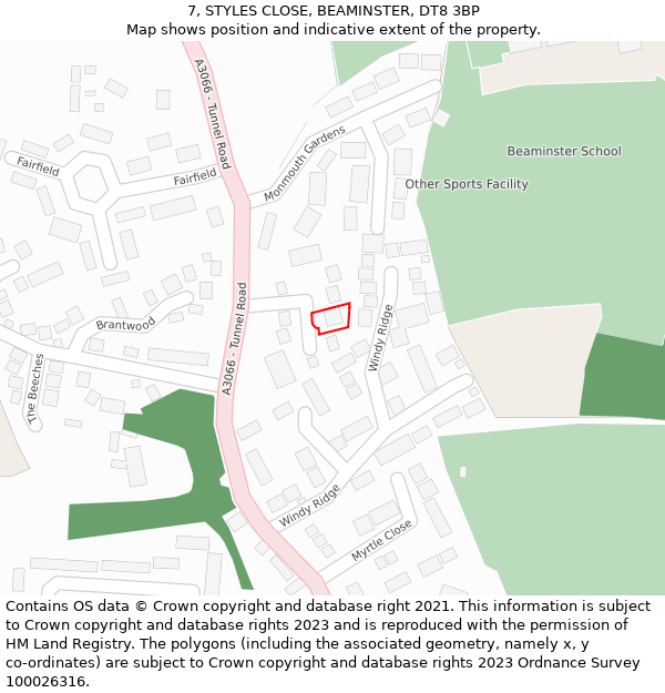 7, STYLES CLOSE, BEAMINSTER, DT8 3BP: Location map and indicative extent of plot