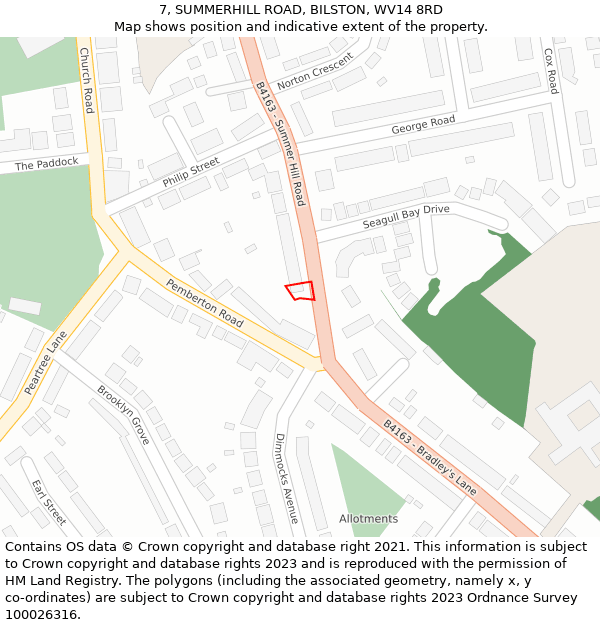 7, SUMMERHILL ROAD, BILSTON, WV14 8RD: Location map and indicative extent of plot