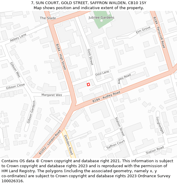 7, SUN COURT, GOLD STREET, SAFFRON WALDEN, CB10 1SY: Location map and indicative extent of plot