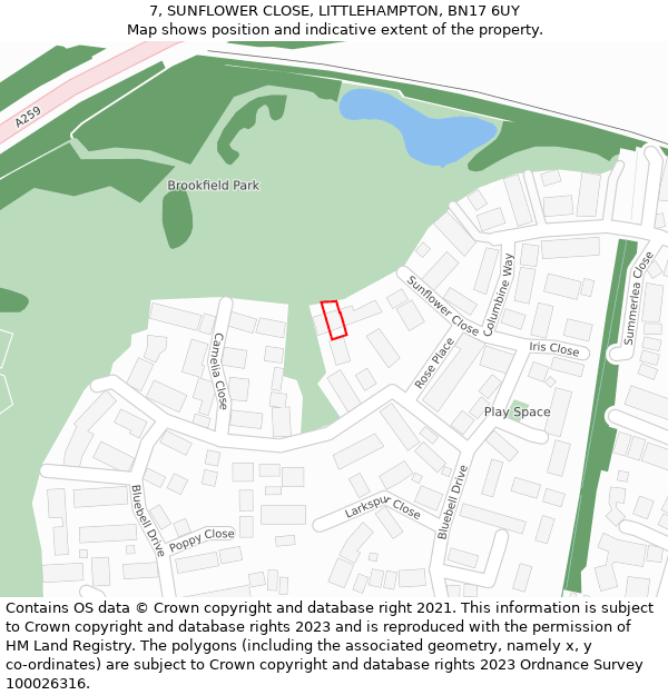 7, SUNFLOWER CLOSE, LITTLEHAMPTON, BN17 6UY: Location map and indicative extent of plot