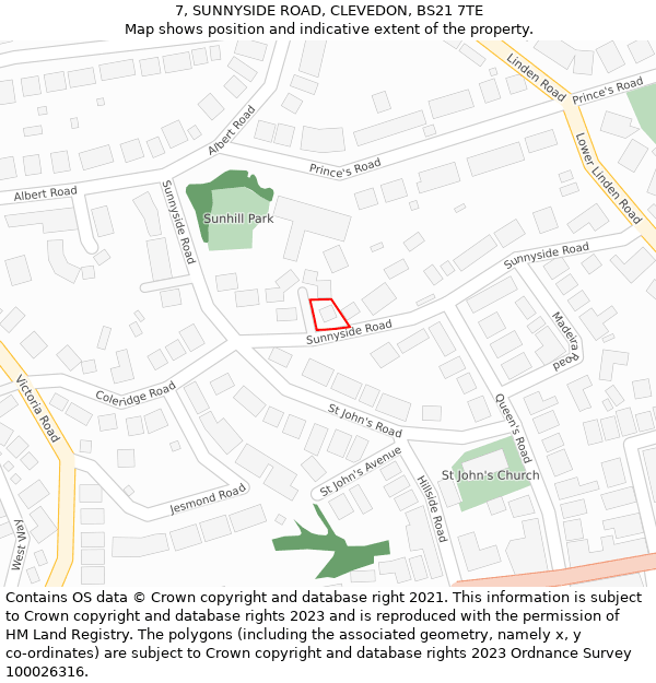 7, SUNNYSIDE ROAD, CLEVEDON, BS21 7TE: Location map and indicative extent of plot