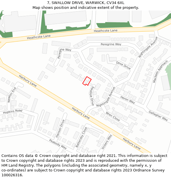 7, SWALLOW DRIVE, WARWICK, CV34 6XL: Location map and indicative extent of plot