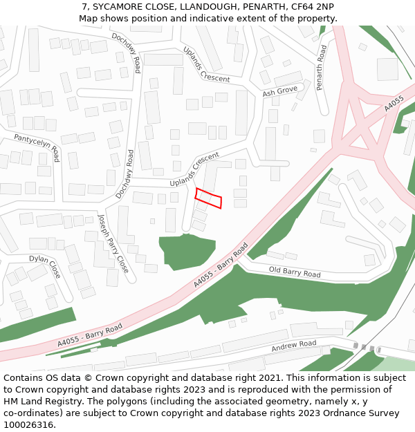 7, SYCAMORE CLOSE, LLANDOUGH, PENARTH, CF64 2NP: Location map and indicative extent of plot