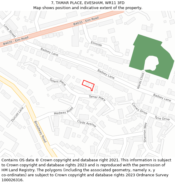 7, TAMAR PLACE, EVESHAM, WR11 3FD: Location map and indicative extent of plot