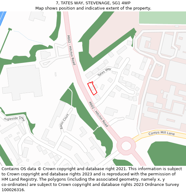 7, TATES WAY, STEVENAGE, SG1 4WP: Location map and indicative extent of plot