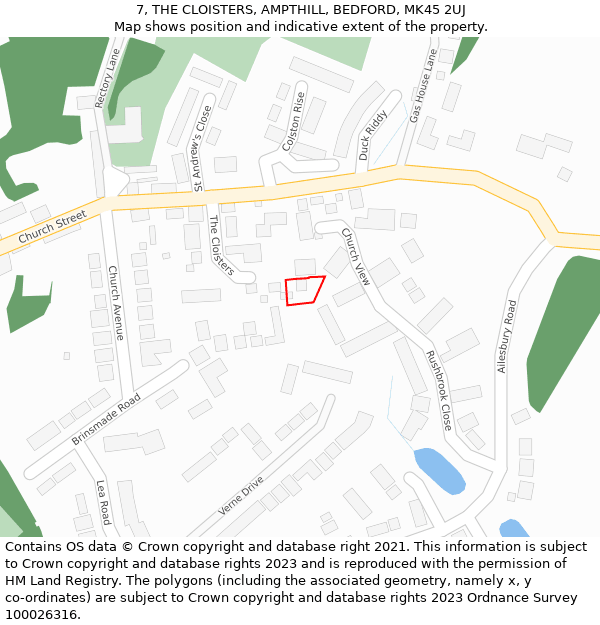 7, THE CLOISTERS, AMPTHILL, BEDFORD, MK45 2UJ: Location map and indicative extent of plot