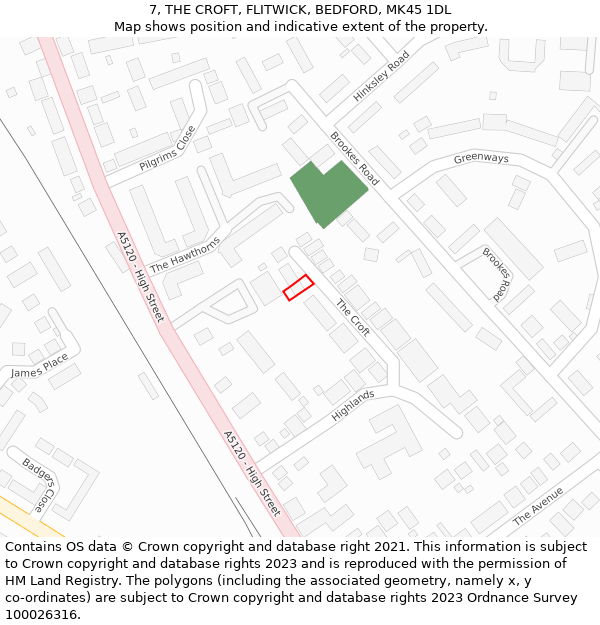 7, THE CROFT, FLITWICK, BEDFORD, MK45 1DL: Location map and indicative extent of plot