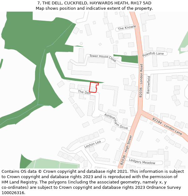 7, THE DELL, CUCKFIELD, HAYWARDS HEATH, RH17 5AD: Location map and indicative extent of plot