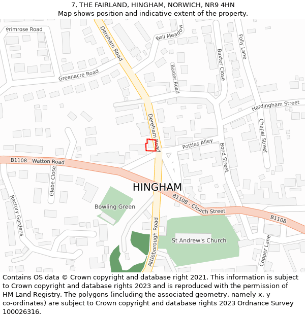 7, THE FAIRLAND, HINGHAM, NORWICH, NR9 4HN: Location map and indicative extent of plot