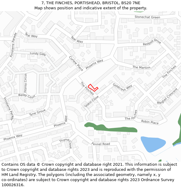 7, THE FINCHES, PORTISHEAD, BRISTOL, BS20 7NE: Location map and indicative extent of plot