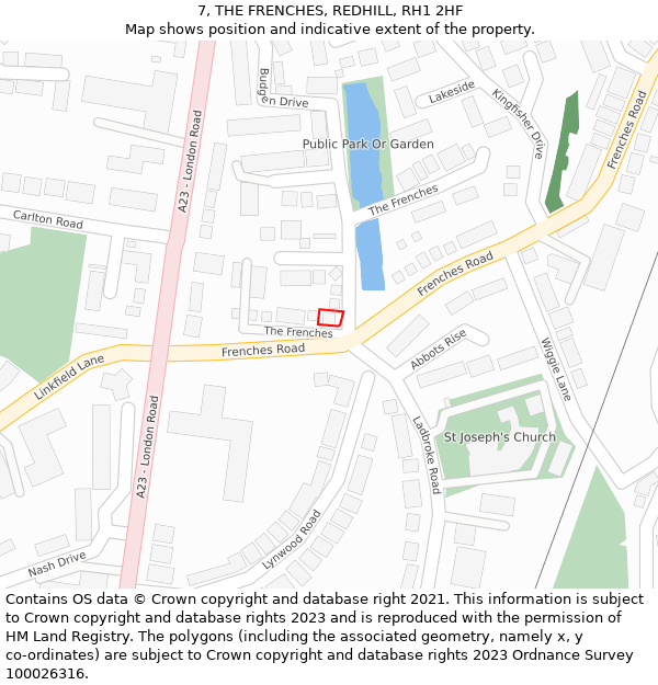 7, THE FRENCHES, REDHILL, RH1 2HF: Location map and indicative extent of plot