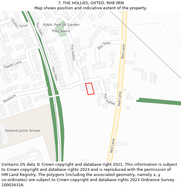 7, THE HOLLIES, OXTED, RH8 0RN: Location map and indicative extent of plot