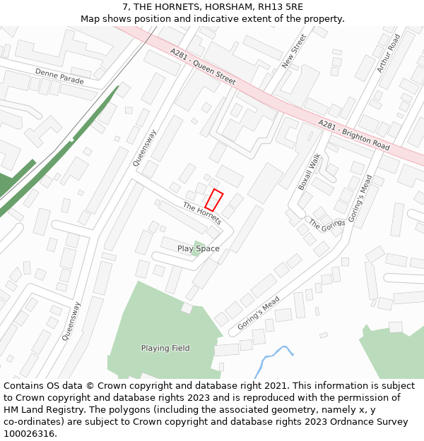 7, THE HORNETS, HORSHAM, RH13 5RE: Location map and indicative extent of plot