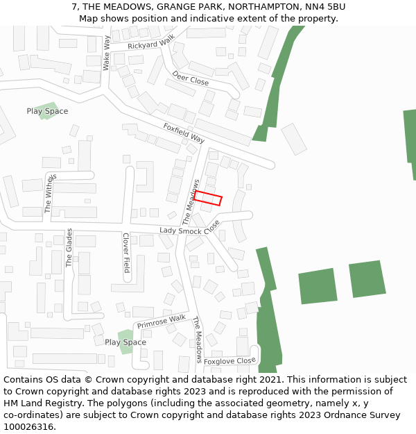 7, THE MEADOWS, GRANGE PARK, NORTHAMPTON, NN4 5BU: Location map and indicative extent of plot