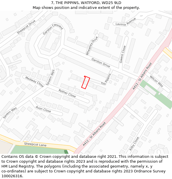 7, THE PIPPINS, WATFORD, WD25 9LD: Location map and indicative extent of plot