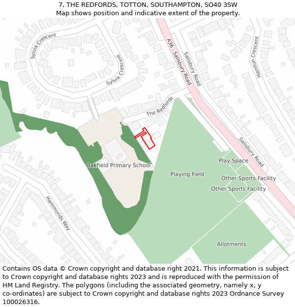 7, THE REDFORDS, TOTTON, SOUTHAMPTON, SO40 3SW: Location map and indicative extent of plot