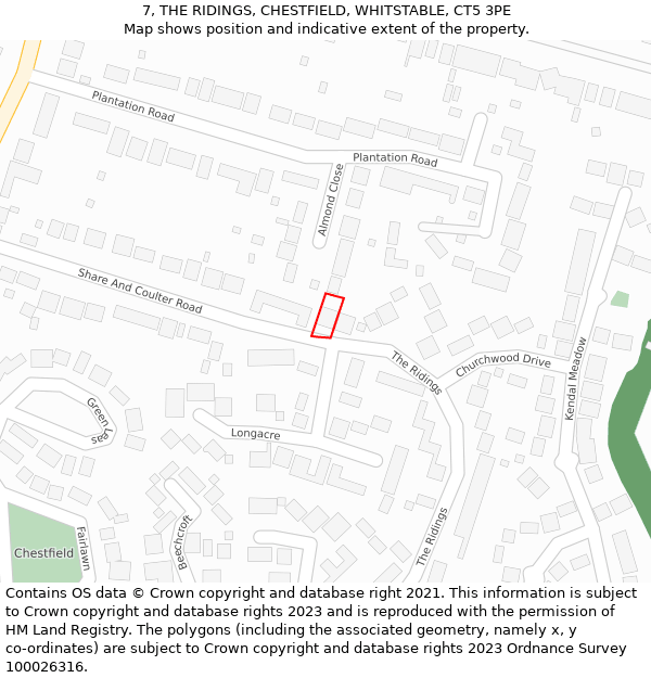 7, THE RIDINGS, CHESTFIELD, WHITSTABLE, CT5 3PE: Location map and indicative extent of plot