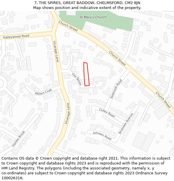 7, THE SPIRES, GREAT BADDOW, CHELMSFORD, CM2 8JN: Location map and indicative extent of plot